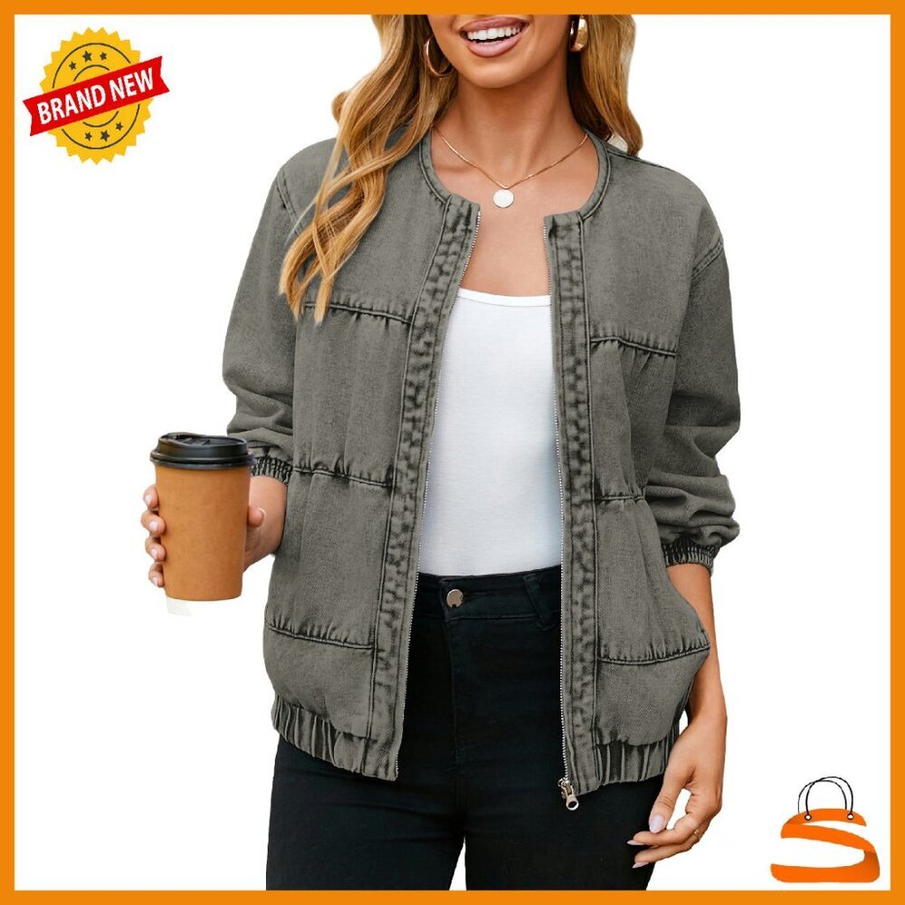 Women's Denim Bomber Jacket Zip Up Loose Fit Casual Fall Outwear